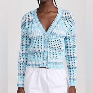 NWT Sundry Boxy Open Knit Crotchet Blue‎ and White Coastal Chic Cardigan - Small